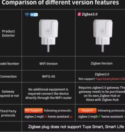 Comparison table showing WiFi and Zigbee plug versions with protocol support info