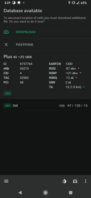 Zrzut ekranu aplikacji do testowania zasięgu sieci Plus LTE na telefonie.