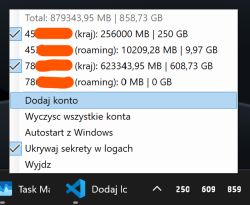 Menu w trayu Windows z listą kont i zużyciem danych w MB i GB oraz opcjami, m.in. „Dodaj konto”
