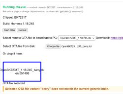 Screenshot of OTA interface for BK7231T chipset with 'berry' file variant mismatch error