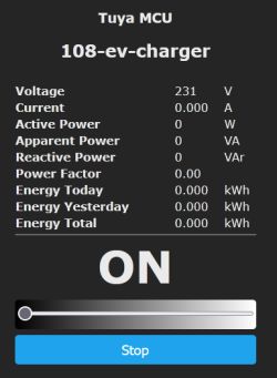 EV charger control panel showing voltage, current, energy stats and a Stop button