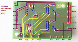 Photo of a PCB with colored trace-layer overlay, labeled pins 1–19, and relays marked A, B, C