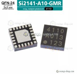 Two QFN-24 3×3 mm ICs; label “Si2141-A10-GMR” and marking code “4110”.