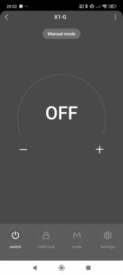 Control app screen for X1-G device in manual mode with OFF status displayed