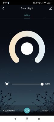 Smart bulb control in white light mode Smart lighting app screen set to white mode with brightness at 100%.