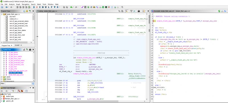 Screenshot of a code analysis application showing decompiled code and program tree.