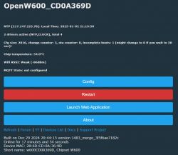 Screenshot of the OpenW600_CD0A369D device interface with system details.