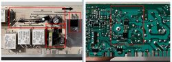 Dwie strony płytki PCB z zaznaczonym obszarem przetwornicy impulsowej