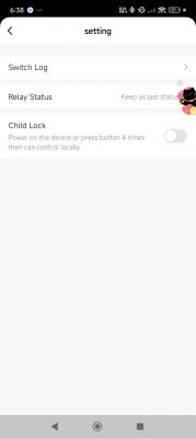 Mobile App Settings Screen App settings screen on a smartphone with three options: Switch Log, Relay Status, and Child Lock.