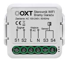 Sterownik WIFI OXT do bramy garażowej z widocznymi zaciskami i opisem.