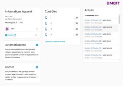 MQTT interface showing BKT231N device info and shutter activity log