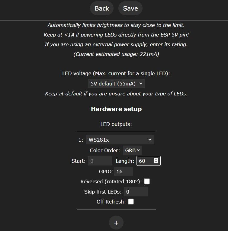 Screenshot of WLED settings: WS281x output, GRB order, length 60, and GPIO 16