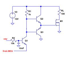 Schemat układu z tranzystorami Q1, Q2, Q3 i MOSFET-em M1 sterowany z MCU przez rezystor i kondensator.