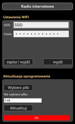 Screenshot of an “Internet radio” web panel with SSID/password fields and a firmware update section.