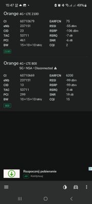 Zrzut ekranu z pomiarami sygnału komórkowego dla sieci Orange na Samsung Galaxy A53 5G.