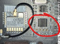 Photo of a PCB with a CBU module and a circled TuyaMCU chip.