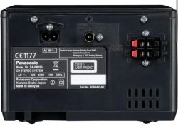 Tył systemu stereo Panasonic SA-PM250 z widocznymi gniazdami i etykietami informacyjnymi.
