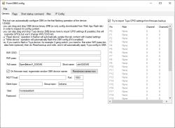 FormOBKConfig window on Generic tab with Wi‑Fi and MQTT fields and a pin list table on the right