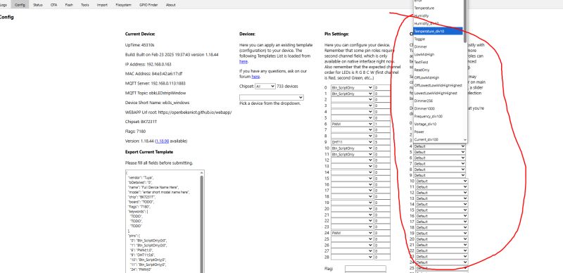Screenshot of IoT device configurator with an expanded pin function selection menu.
