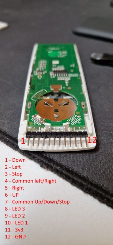 Remote Control Circuit Board with Pin Descriptions Remote control circuit board with pins and button descriptions, side view.