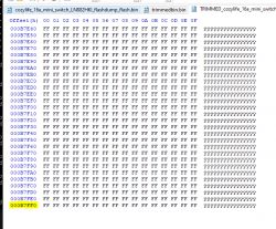 Screenshot of a hexadecimal editor with open binary files showing stored data as FF strings.