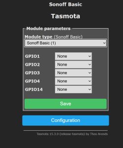 Screenshot of Tasmota configuration for Sonoff Basic with GPIO dropdowns and a Save button