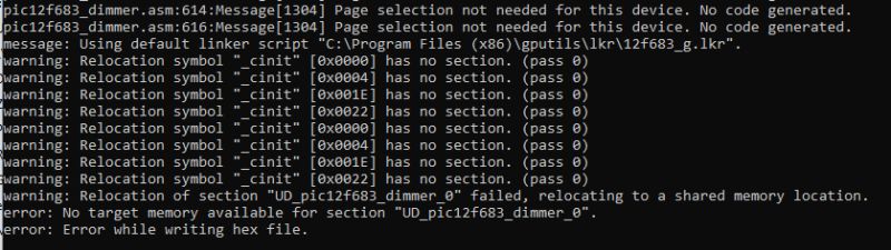 Compilation error log for PIC12F683 showing relocation and memory allocation issues
