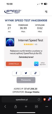 Zrzut ekranu z wynikiem testu prędkości internetu: ping 27 ms, pobieranie 36,99 Mb/s, wysyłanie 0,62 Mb/s w sieci Orange Mobile.