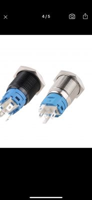 Push Buttons with Wire Connectors Two metal push buttons with blue plastic, featuring wire connectors.