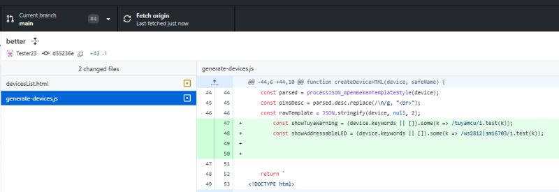 GitHub editor view showing changes in generate-devices.js file
