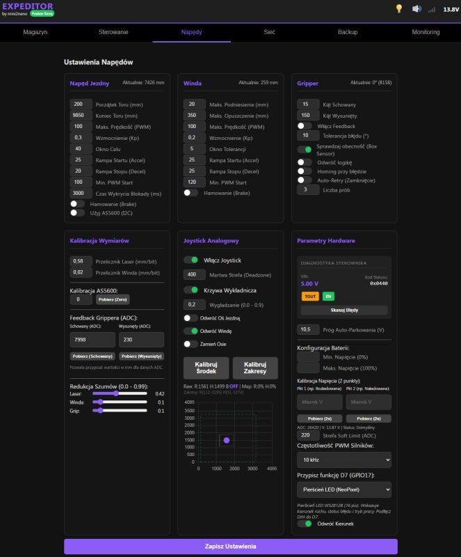 Screenshot of “EXPEDITOR” web control panel with drive, lift, gripper and joystick settings