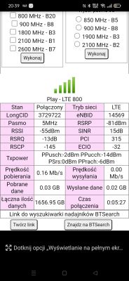 Zrzut ekranu aplikacji z parametrami LTE i szczegółami połączenia sieciowego.