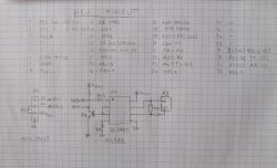 A photograph of a technical note on graph paper showing an MCU pinout table and a hand-drawn schematic with the BL3085 chip and its connections.