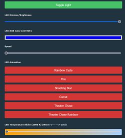 LED control panel with Toggle Light button, brightness, RGB color, speed sliders, and animation buttons