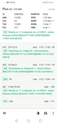 Zrzut ekranu z aplikacji monitorującej sieć komórkową, pokazujący szczegółowe dane LTE 900 operatora Plus, w tym parametry sygnału, identyfikatory BTS i adresy lokalizacji wież.