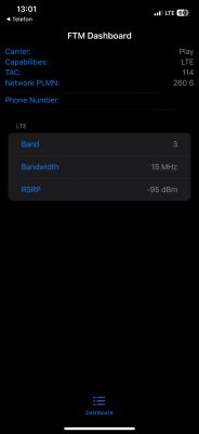 Wyświetlacz iPhone'a 12 z otwartym panelem FTM Dashboard pokazującym szczegóły sieci LTE.