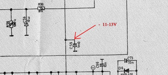 Fragment schematu elektrycznego z zaznaczonym kondensatorem C59 i napięciem 11-13V.