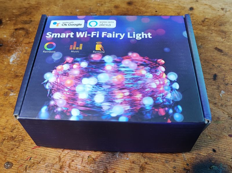 Smart Wi-Fi Fairy Light LED Lights Packaging Packaging of Smart Wi-Fi Fairy Light LED lights with rainbow effect.