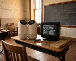 Two air purifiers and old CRT monitor on wooden school desk in vintage classroom