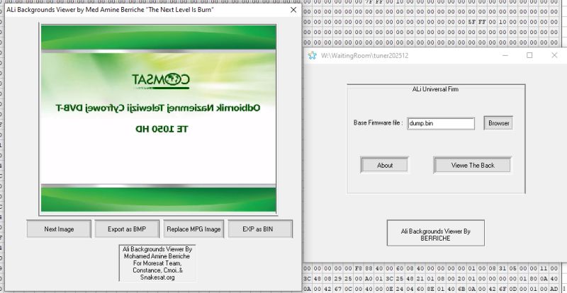 Screenshot of ALi Backgrounds Viewer showing TE 1050 HD set-top box splash image