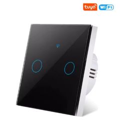 Tuya Wi-Fi Touch Light Switch with Two Buttons Glass Wi-Fi touch light switch with two illuminated buttons.