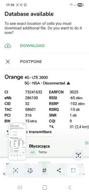 Zrzut ekranu z aplikacji pokazującej dane sieci komórkowej Orange LTE 2600