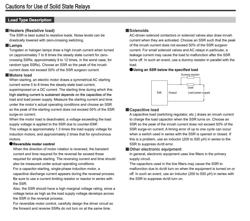 Table with cautions for using solid state relays (SSR).