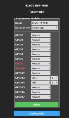 Tasmota web interface showing GPIO settings for BL602 ESP MOD device