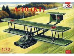 Rysunek przedstawiający radziecki szybowiec-tank A-40 (KT) w locie nad polem.
