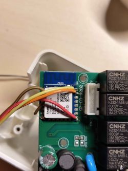 Close-up of a circuit board with a CB3S module and wiring.
