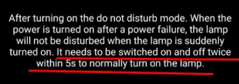 Screenshot of English instructions with a red underline about switching the lamp on and off twice in 5s.