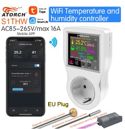 ATorch S1THW Plug-in Energy Meter ATorch S1THW plug-in energy meter with LCD screen and additional temperature and humidity sensors.