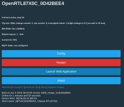 OpenRTL87X0C device control panel with configuration, restart, and info buttons.