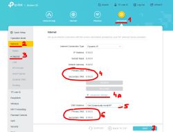 Panel TP-Link Archer C6: zakładka Advanced, Internet i pola Primary/Secondary DNS zaznaczone na czerwono